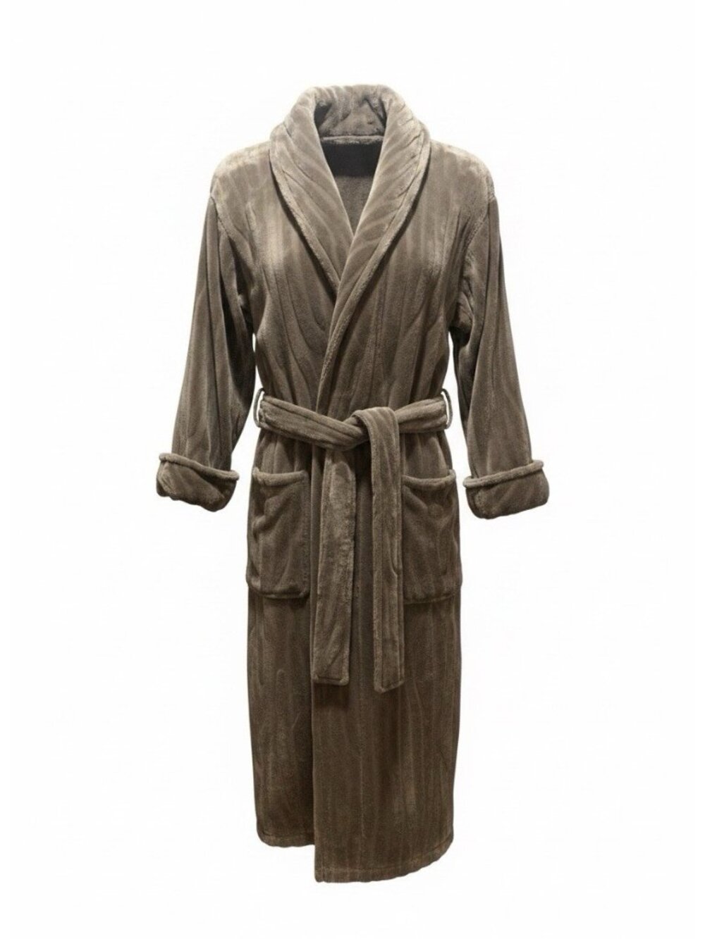 Womens Natori Size S Taupe  Long Fleece Robe GUC Belt Cozy Pockets With Collar